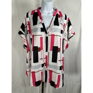 Shein Pink & Black Colorblock Blouse Women’s 1X V-Neck Short Sleeve Casual Top